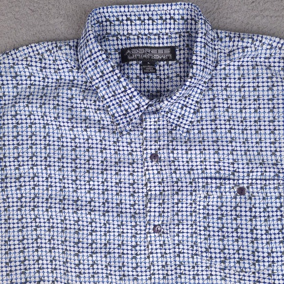 Address Unknown Shirt Mens XL White Blue Geometric Print Short Sleeve Button Up - Picture 2 of 12